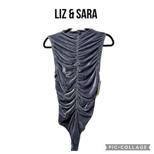 Mauve Liz & Sara Sleeveless Velour velvet ruched gray Bodysuit Size L NWT